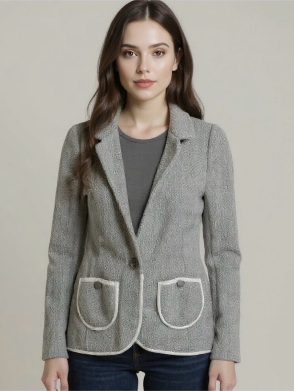 Moth Light Gray Knit Blazer with White Trim